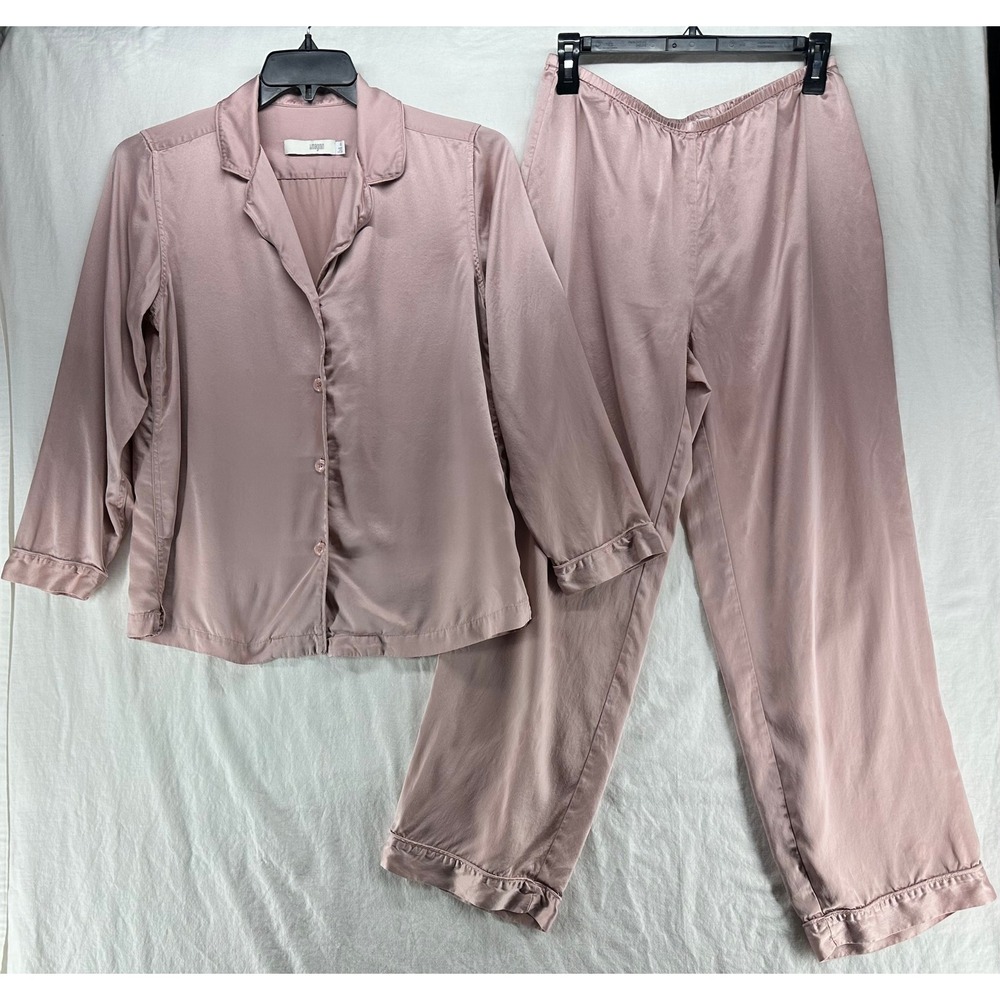 I. Magnin Womens 100% Silk Pajama Set M Dusty Rose Pink Satin Long Sleeve 2pc